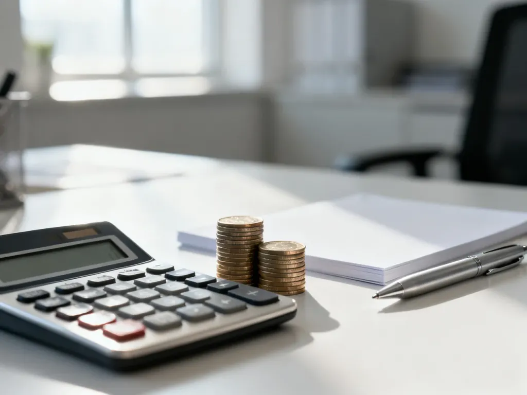 Kalkulator i monety na biurku symbolizujące planowanie finansów i obliczanie wynagrodzenia netto.