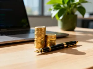 Kalkulator i monety na biurku symbolizujące planowanie finansów i obliczanie wynagrodzenia netto.
