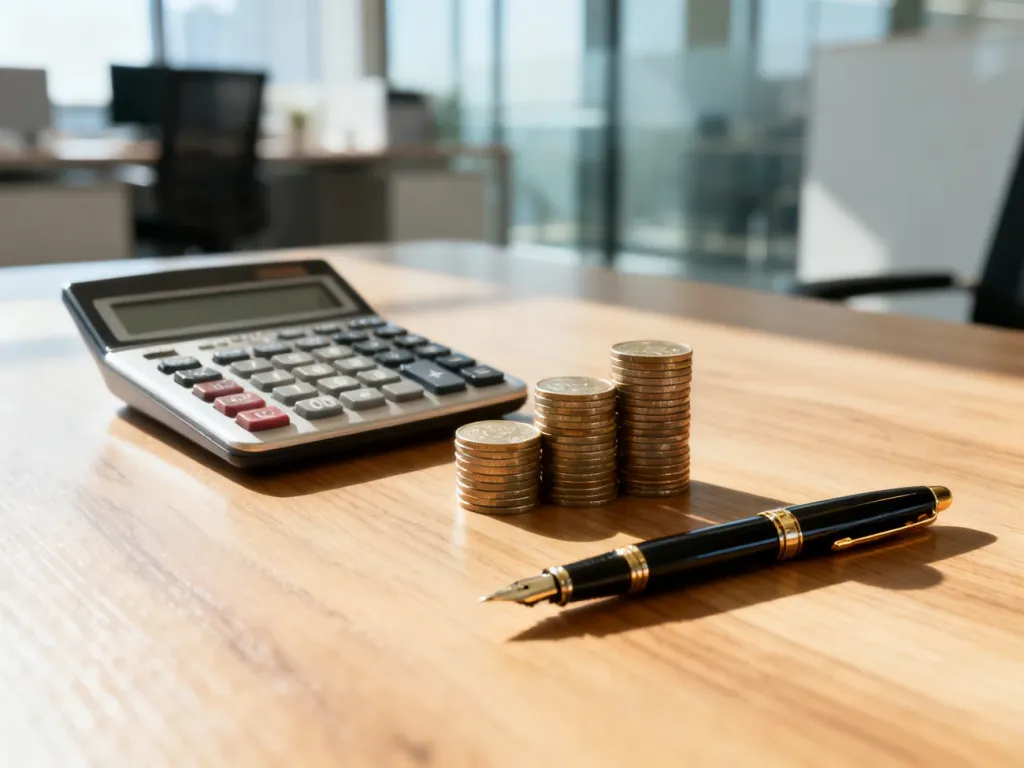 Kalkulator, monety i pióro na biurku, symbolizujące profesjonalne obliczenia finansowe i planowanie budżetu.