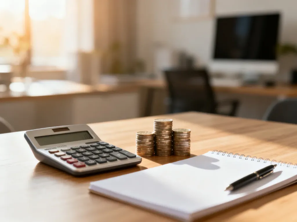 Kalkulator, monety i notatnik na biurku, symbolizujące planowanie finansów i obliczanie wynagrodzenia.