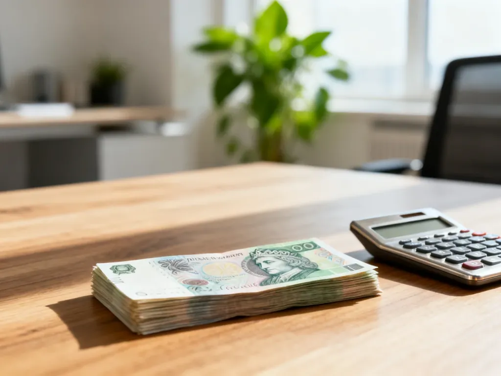 Stos banknotów i kalkulator na biurku, symbolizujące obliczanie wynagrodzenia netto z pensji brutto.