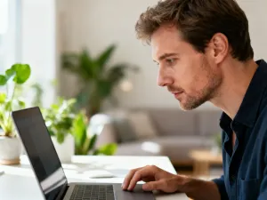 Profesjonalista pracujący przy laptopie w nowoczesnym biurze domowym, skupiony na obsłudze systemu online.