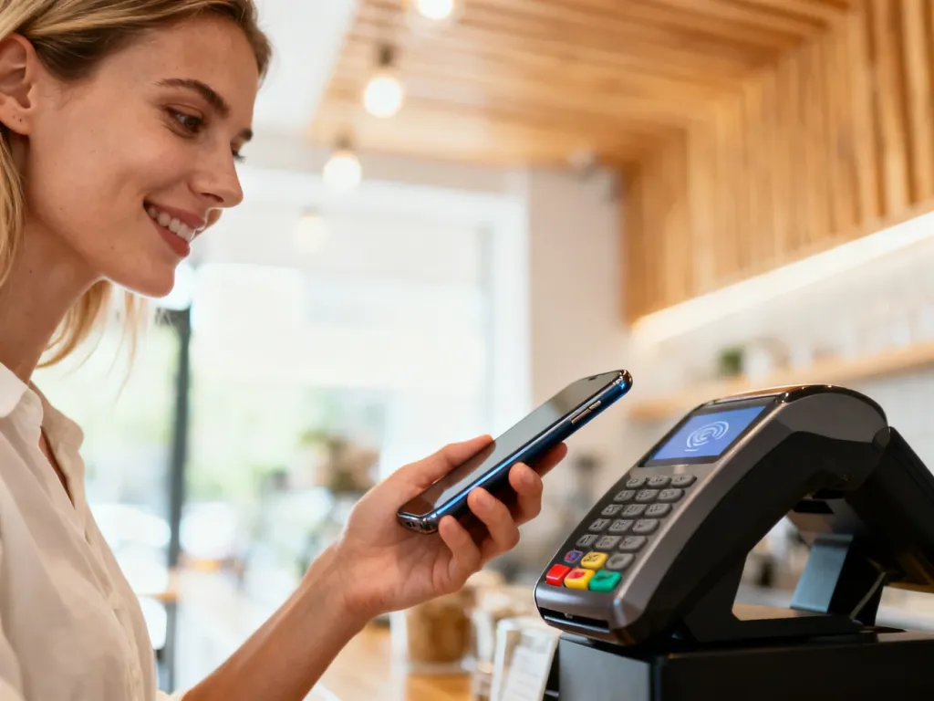 Kobieta płacąca zbliżeniowo smartfonem przy terminalu w kawiarni, ilustrująca działanie płatności Google Pay.