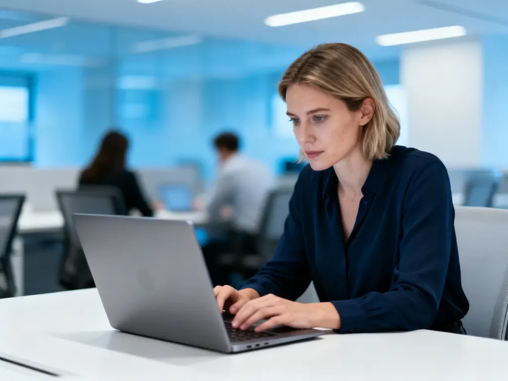 Kobieta pracująca przy laptopie w nowoczesnym biurze, symbolizująca obsługę panelu klienta online.
