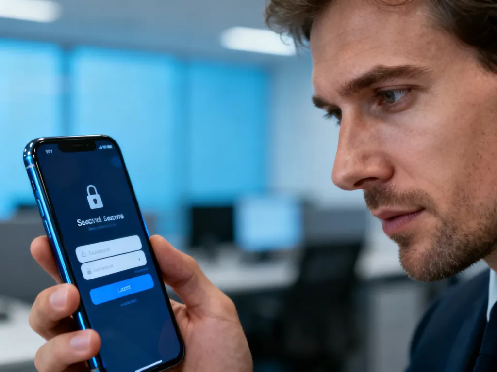 Mężczyzna skupiony na ekranie smartfona z widocznym interfejsem logowania w profesjonalnym biurowym otoczeniu.