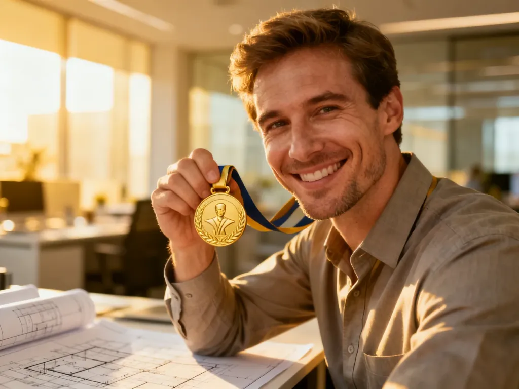 Uśmiechnięty pracownik biurowy trzymający pamiątkowy medal, symbolizujący długoletni staż pracy w sektorze budżetowym.