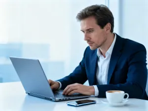 Kobieta pracująca przy laptopie w nowoczesnym biurze, symbolizująca łatwy dostęp do systemu Comarch.