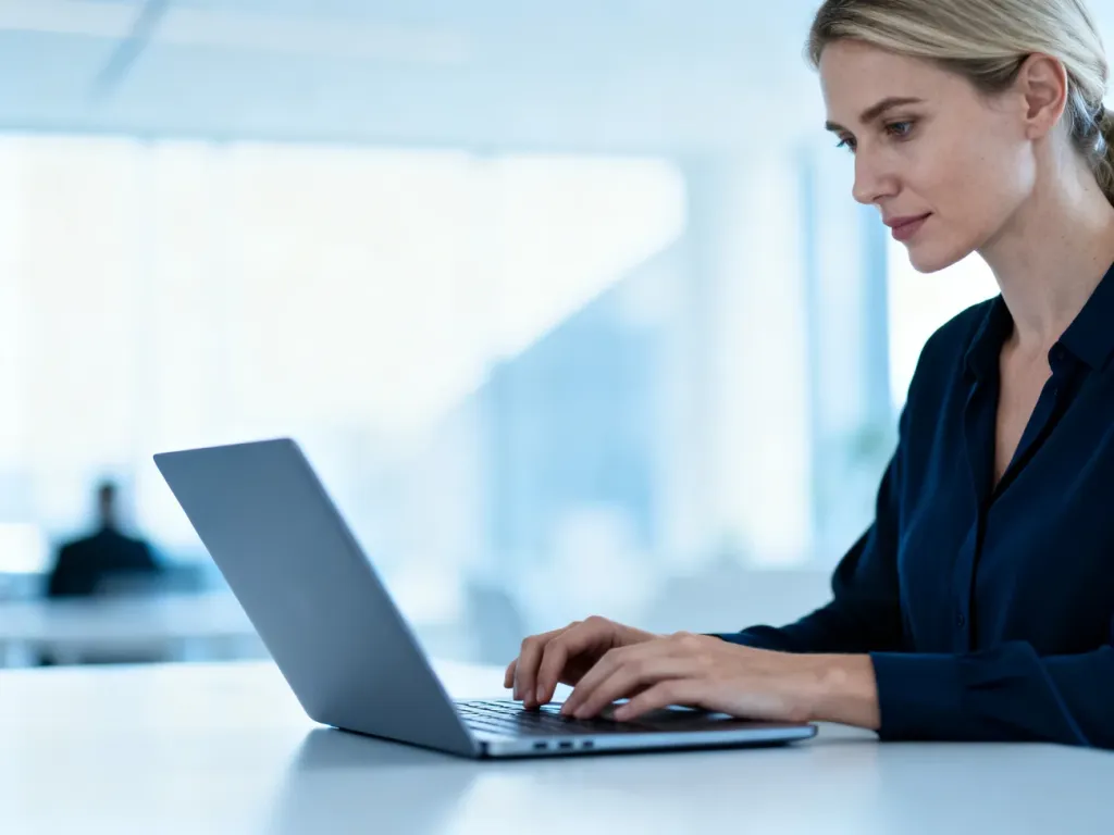 Profesjonalistka pracująca na laptopie w nowoczesnym biurze, symbolizująca łatwy dostęp do platformy Motivizer.