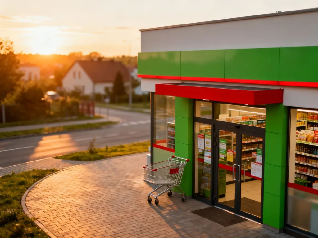 Nowoczesny budynek sklepu Dino w otoczeniu podmiejskim podczas zachodu słońca.