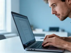 Mężczyzna pracujący przy laptopie w nowoczesnym, jasnym biurze, ilustrujący proces logowania do systemu Office 365.