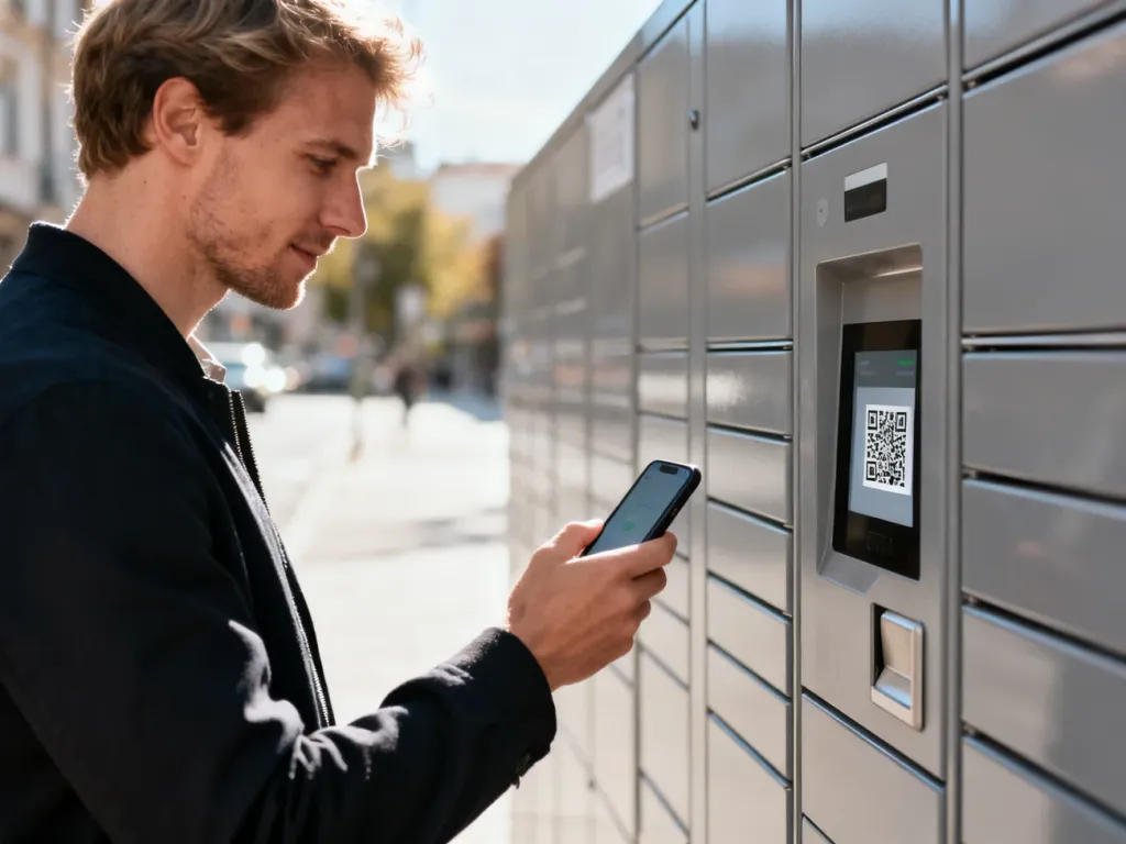 Mężczyzna skanuje kod QR smartfonem przy nowoczesnym paczkomacie, korzystając z płatności mobilnych InPost Pay.