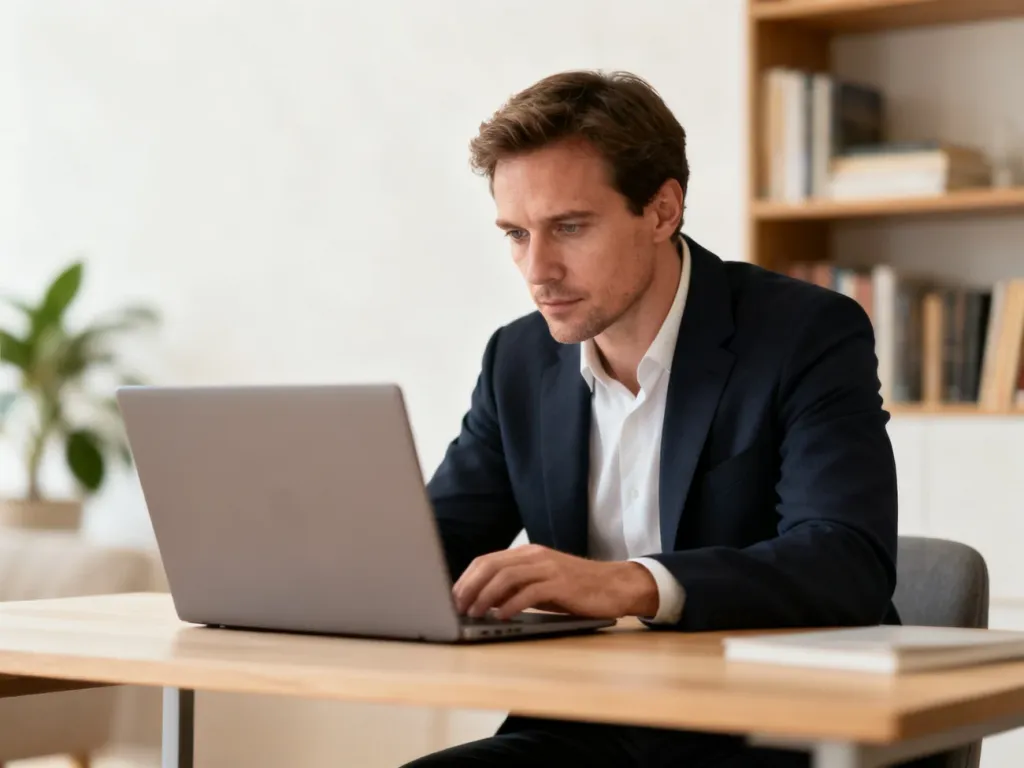 Profesjonalista pracujący przy laptopie w nowoczesnym biurze domowym, skupiony na obsłudze systemu online.