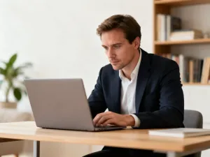 Nowoczesne stanowisko pracy z laptopem, na którego ekranie widoczny jest interfejs logowania do systemu.
