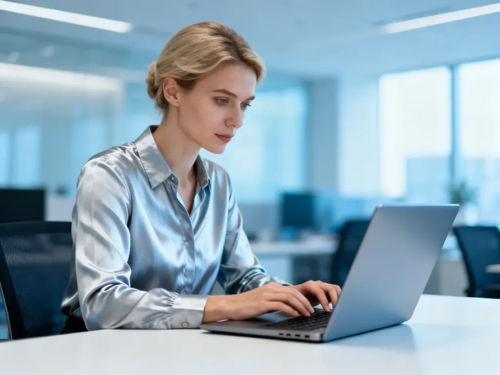 Skupiona kobieta pracująca przy laptopie w nowoczesnym biurze, symbolizująca obsługę systemów bankowych i finansowych.