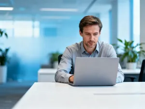 Mężczyzna pracujący przy laptopie z widocznym interfejsem finansowym w jasnym, nowoczesnym biurze.