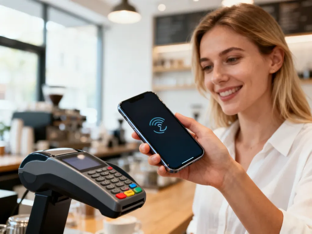 Kobieta płaci zbliżeniowo smartfonem przy terminalu w kawiarni, korzystając z usługi Google Pay.